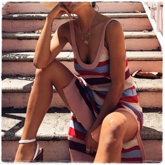 Striped Knit Dress with Leg Slit - Picture 3 of 7